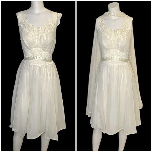 VTG Vanity Fair 60s Ivory Tricot Nylon Lace Chiffon Nightgown Peignoir Set Sz 34 - Picture 2 of 16